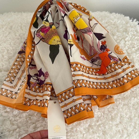 Tory Burch Orange and Cream Patterned Scarf - Picture 7 of 9